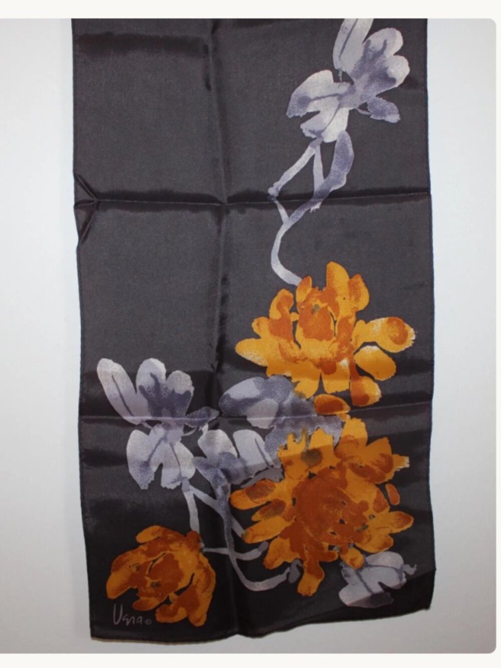 Vintage Vera Neumann Floral Oblong Scarf 1960s Gray & Orange Acetate Silk-Style